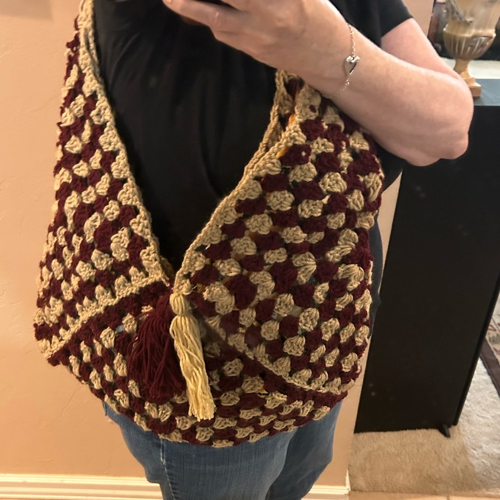 Handcrafted Burgundy and Beige Crochet Bag